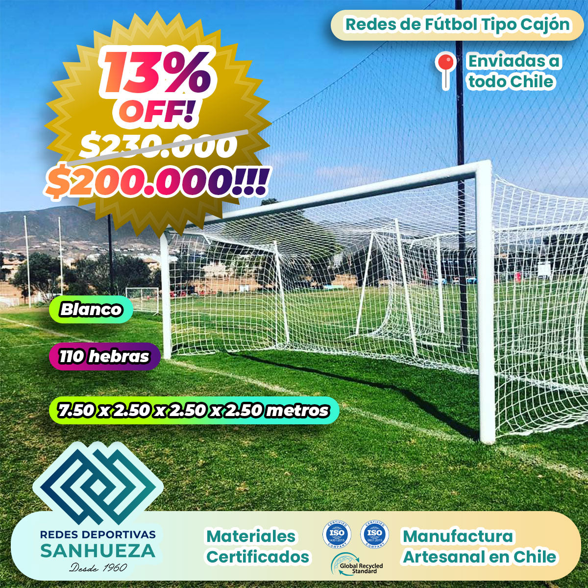 🔥 ¡OFERTA! Juego Red Arco Fútbol Tipo Cajón 110 hebras | Blanco