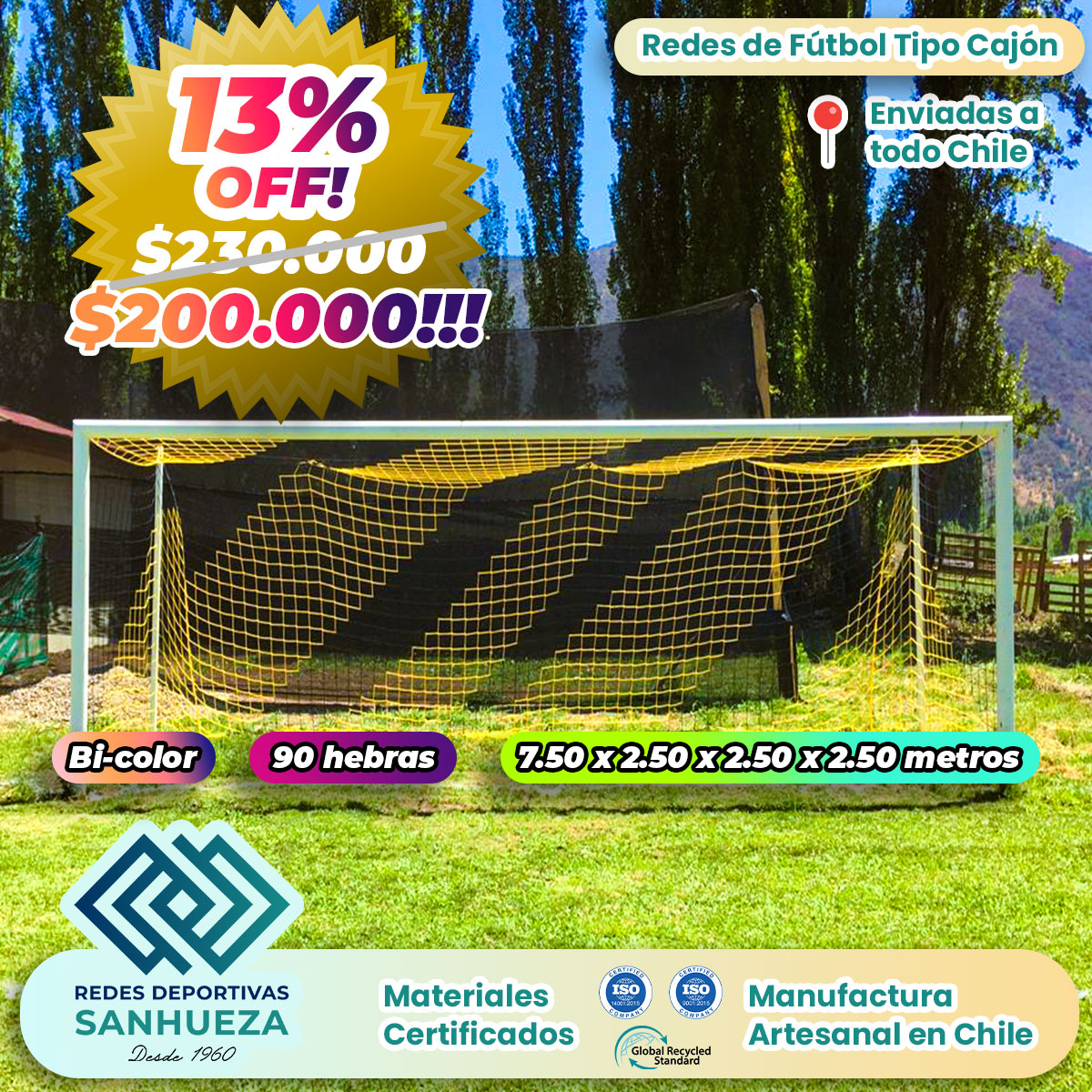 🔥 ¡OFERTA! Juego Red Arco Fútbol Tipo Cajón 90 hebras | Bicolor