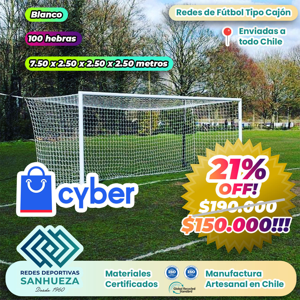🔥 ¡CYBER! Juego Red Arco Fútbol Tipo Cajón 100 hebras | Blanco